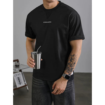 LUUD handsome heavy cleanfit short-sleeved men's summer trendy brand printed tops casual all-match round neck T-shirt