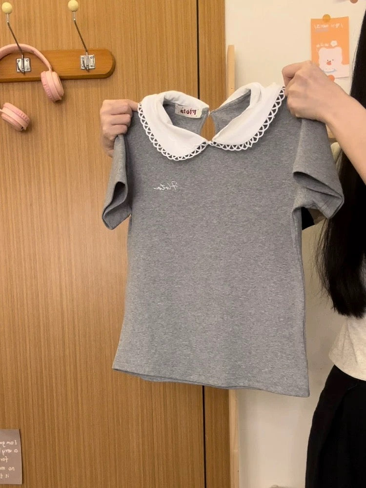 Creamy Universe Embroidered Peter Pan Lace Peter Pan Collar Short Sleeve T-Shirt for Petite Women, Slim Fit Short Top