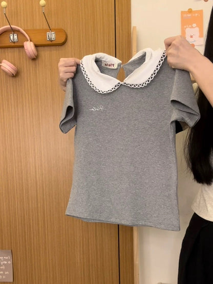 Creamy Universe Embroidered Peter Pan Lace Peter Pan Collar Short Sleeve T-Shirt for Petite Women, Slim Fit Short Top
