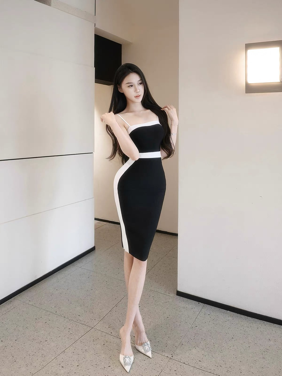 YUANZI [Black & White Yilan] Spaghetti-Strap Color-Block Bodycon Bandage Dress with Waist-Cinching Visual Magic Effect