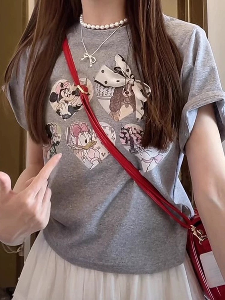 Cute cartoon love printed right shoulder short-sleeved T-shirt for women 2024 new hot style summer super nice short top