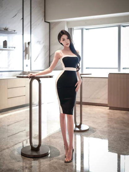 YUANZI [Black & White Yilan] Spaghetti-Strap Color-Block Bodycon Bandage Dress with Waist-Cinching Visual Magic Effect