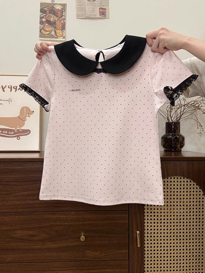 Creamy Universe - Lace-trimmed Polka Dot Peter Pan Collar Short-Sleeve T-Shirt for Petite Women, Slim Fit, Short Top