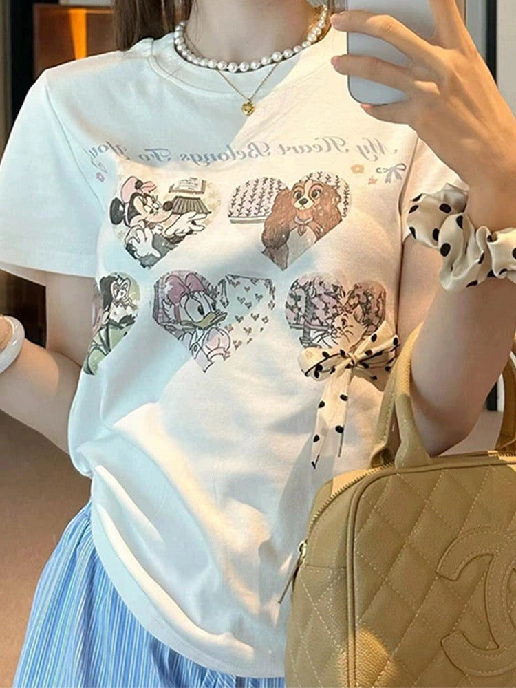 Cute cartoon love printed right shoulder short-sleeved T-shirt for women 2024 new hot style summer super nice short top