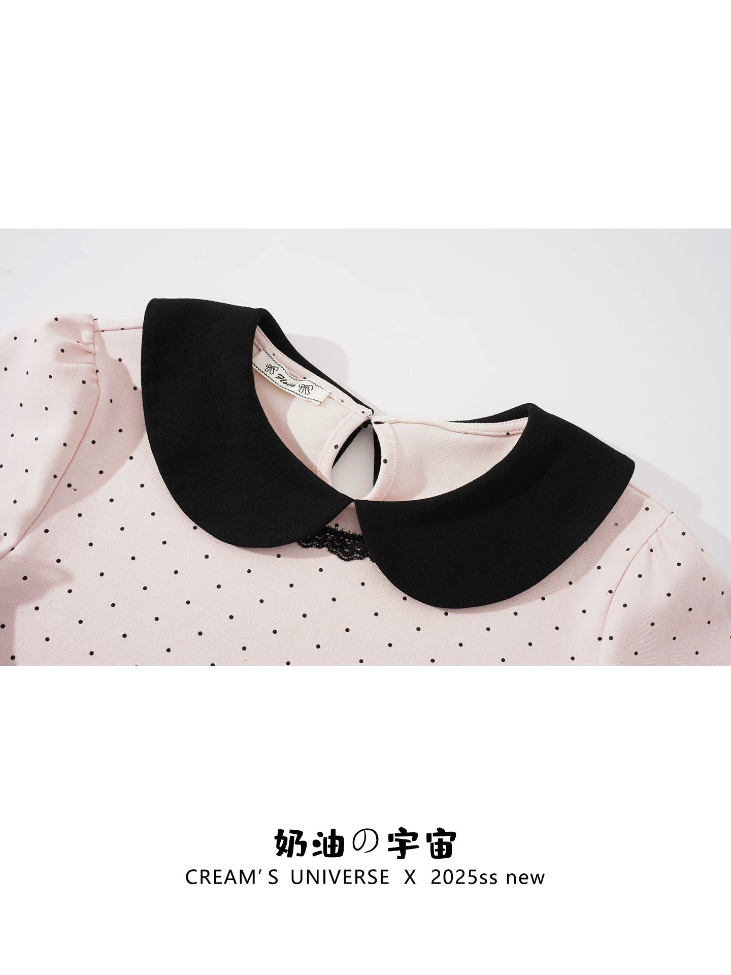 Creamy Universe - Lace-trimmed Polka Dot Peter Pan Collar Short-Sleeve T-Shirt for Petite Women, Slim Fit, Short Top