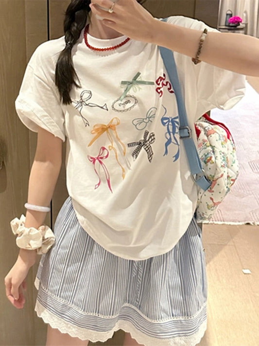 Cute bow ribbon printed white short-sleeved T-shirt for women 2024 new popular summer chic and beautiful top