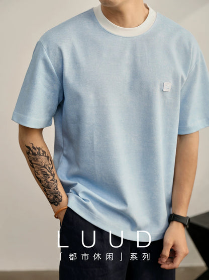 LUUD fried snowflake twill casual short-sleeved T-shirt boys' contrast color square cartoon small label summer top