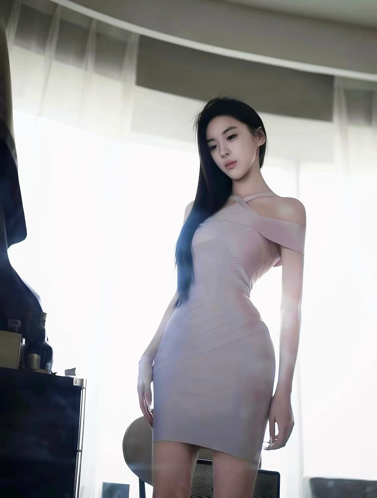 [Lilac Ribbon] Light purple form-fitting hip-hugging dress with a crossover off-the-shoulder neckline