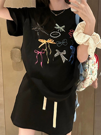 Cute bow ribbon printed white short-sleeved T-shirt for women 2024 new popular summer chic and beautiful top