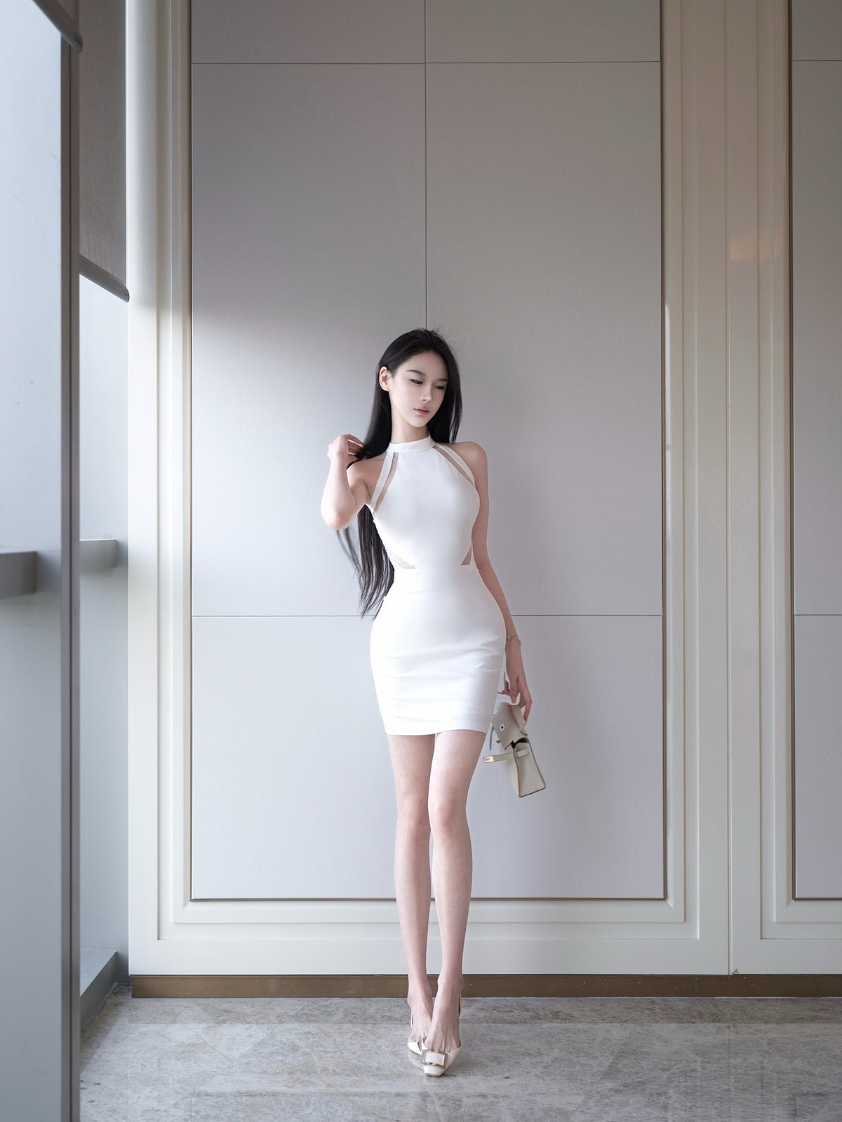[Silver Moon Hourglass] Minimalist Halter-Neck Mesh Cut-Out Bodycon Mini Dress with Stand Collar and Waist-Cinched Design