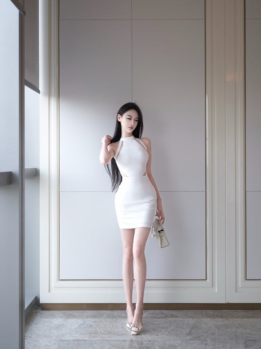 [Silver Moon Hourglass] Minimalist Halter-Neck Mesh Cut-Out Bodycon Mini Dress with Stand Collar and Waist-Cinched Design