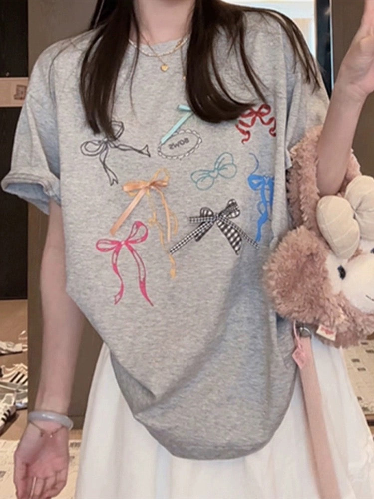Cute bow ribbon printed white short-sleeved T-shirt for women 2024 new popular summer chic and beautiful top