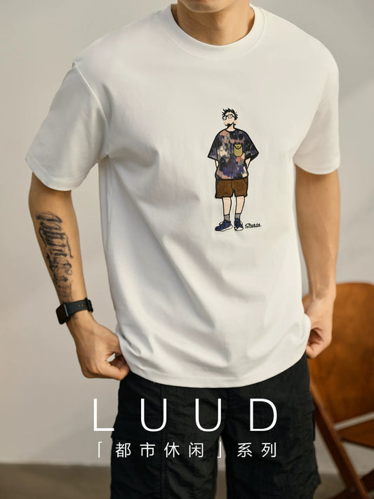 LUUD Japanese fashion uncle character embroidery slightly loose T-shirt men's summer personality tide brand heavy round neck short sleeves