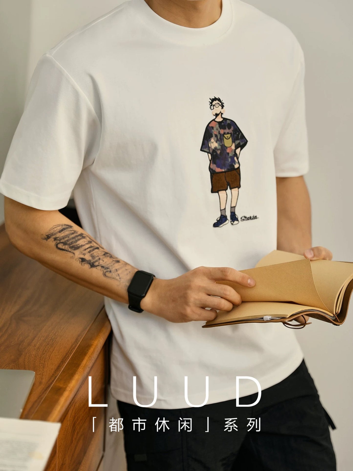 LUUD Japanese fashion uncle character embroidery slightly loose T-shirt men's summer personality tide brand heavy round neck short sleeves