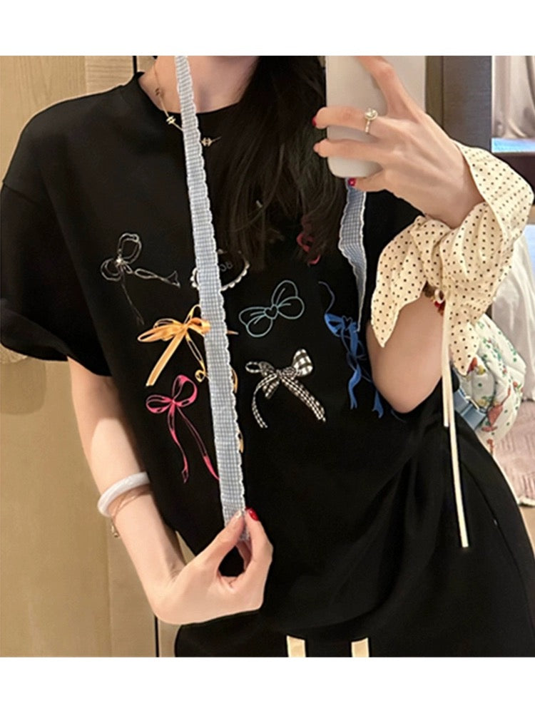Cute bow ribbon printed white short-sleeved T-shirt for women 2024 new popular summer chic and beautiful top