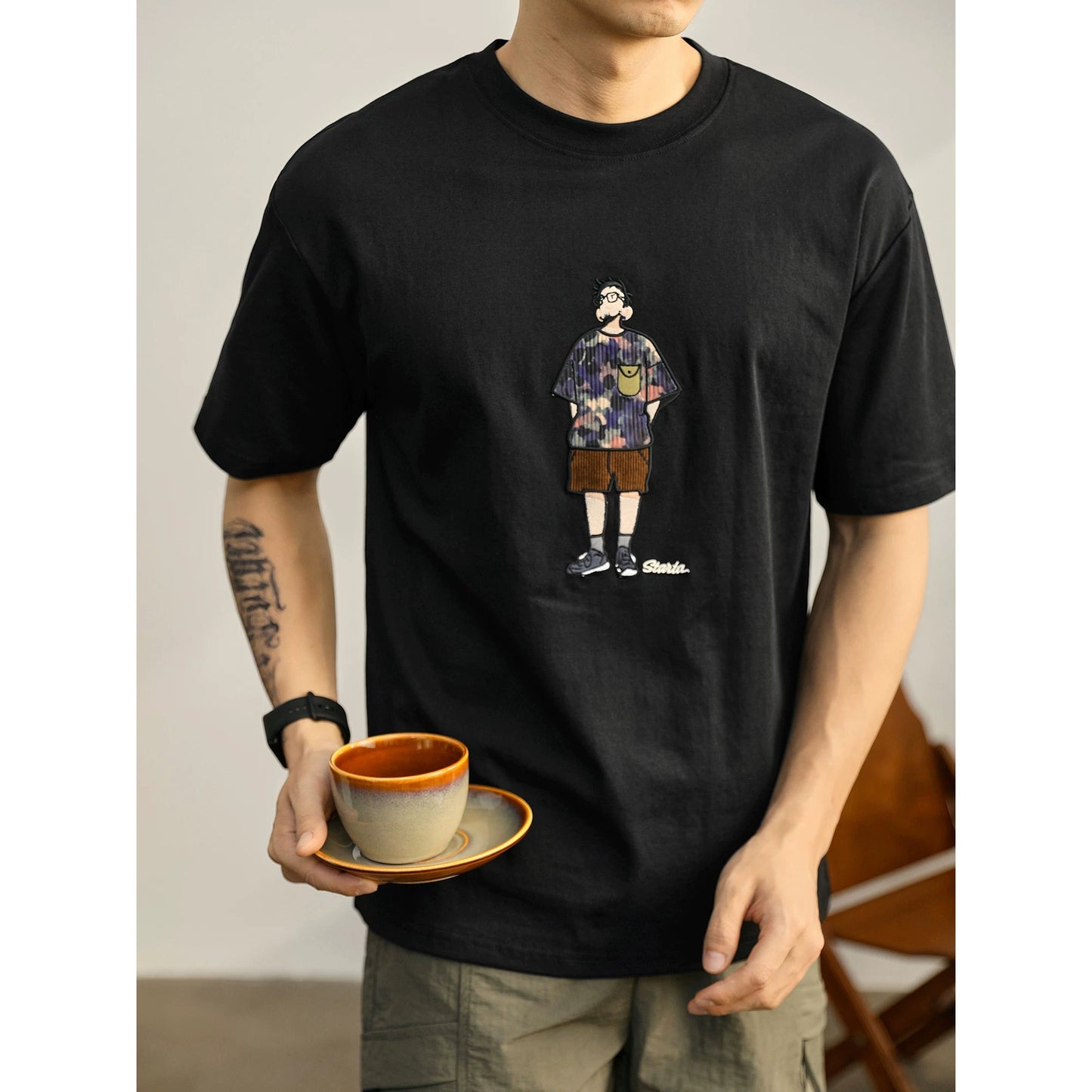 LUUD Japanese fashion uncle character embroidery slightly loose T-shirt men's summer personality tide brand heavy round neck short sleeves