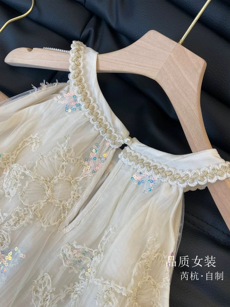 Bohemian vest suit women summer 2025 new French sequin embroidery halter neck top skirt two-piece suit