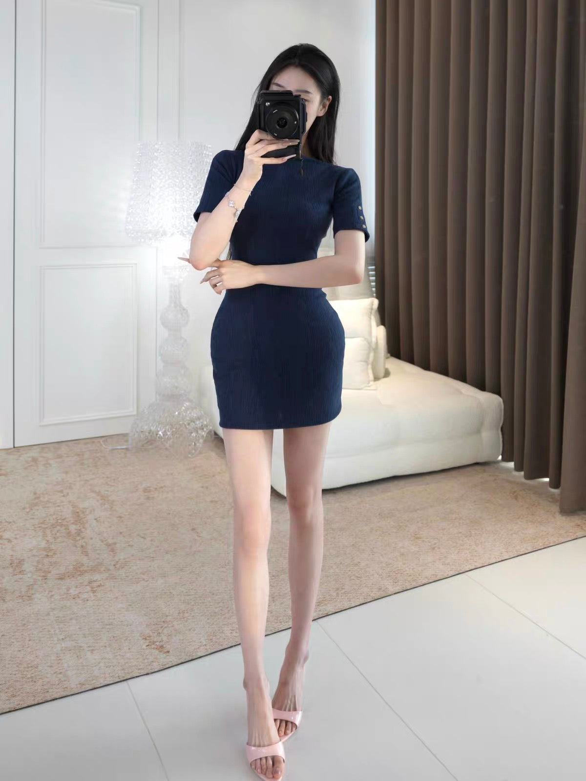 YUANZI [Baizhi Academy] Stretchy Jacquard-Textured Knit Dress – Off-Shoulder, Short-Sleeve, Bodycon Fit
