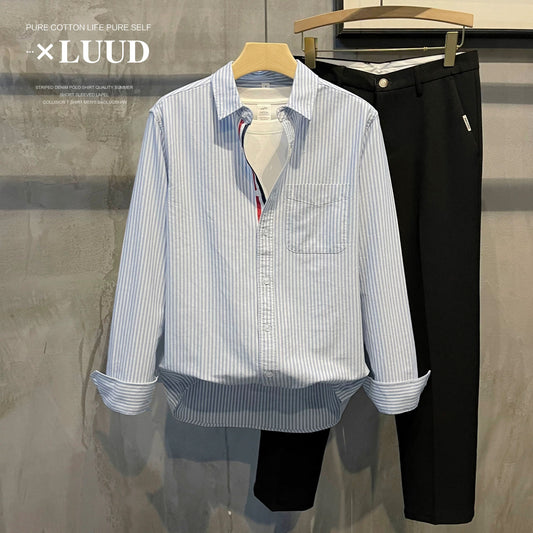 LUUD European trend blue striped shirt men's color matching long sleeve autumn wear temperament casual lapel shirt