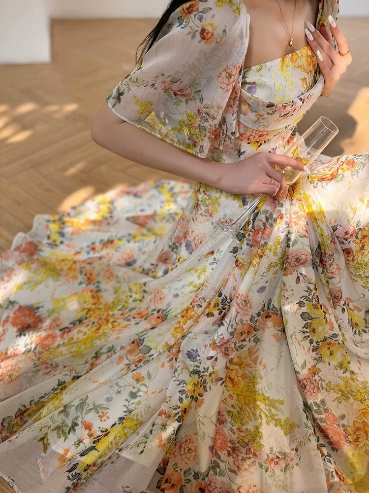 Aconiconi｜Monet Flower Summer French Printed Retro Vacation Tea Dress Slimming Waist and Swinging Dress