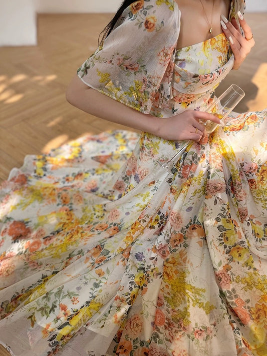 Aconiconi｜Monet Flower Summer French Printed Retro Vacation Tea Dress Slimming Waist and Swinging Dress
