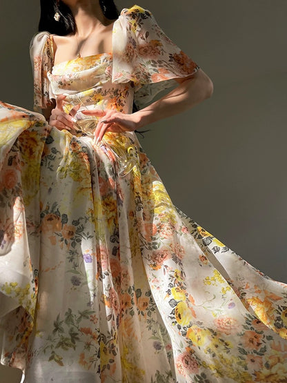Aconiconi｜Monet Flower Summer French Printed Retro Vacation Tea Dress Slimming Waist and Swinging Dress