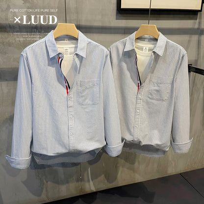 LUUD European trend blue striped shirt men's color matching long sleeve autumn wear temperament casual lapel shirt