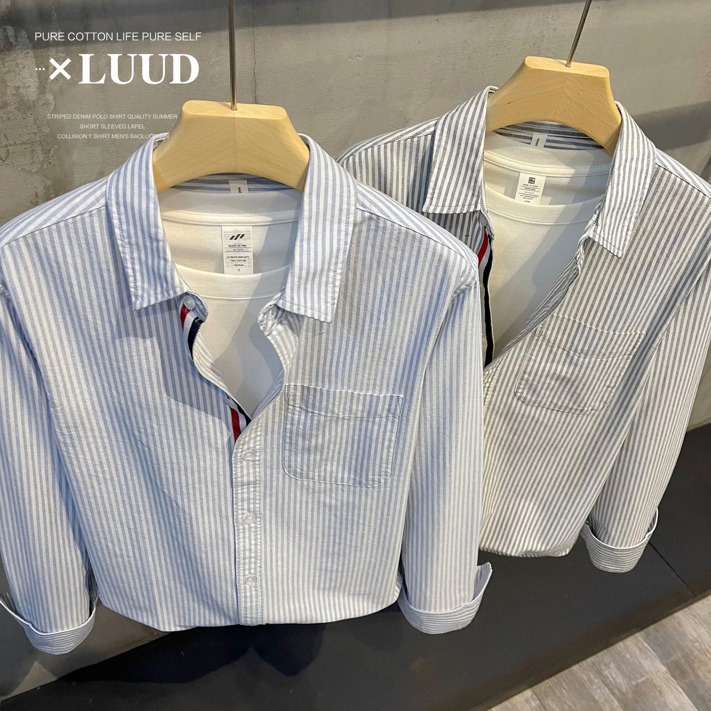 LUUD European trend blue striped shirt men's color matching long sleeve autumn wear temperament casual lapel shirt