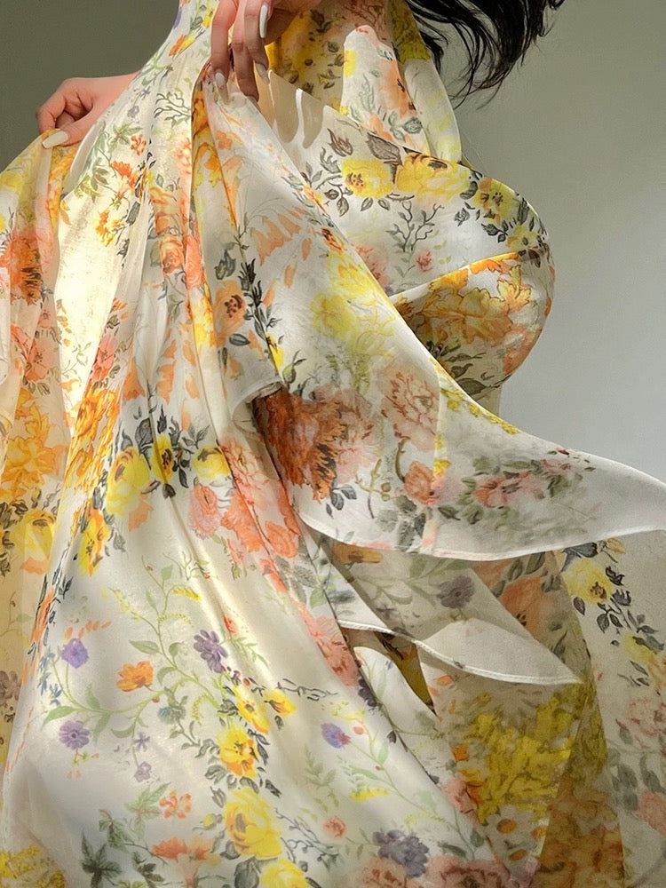 Aconiconi｜Monet Flower Summer French Printed Retro Vacation Tea Dress Slimming Waist and Swinging Dress