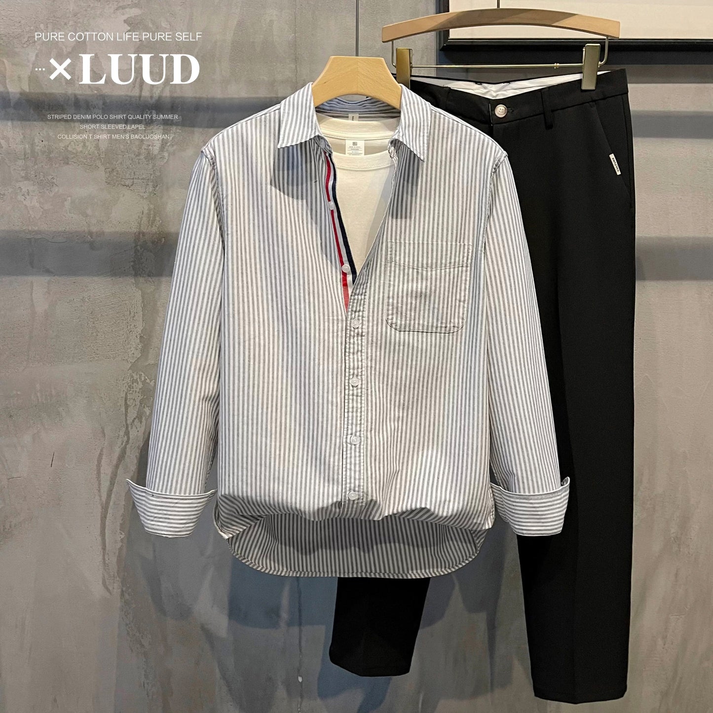 LUUD European trend blue striped shirt men's color matching long sleeve autumn wear temperament casual lapel shirt