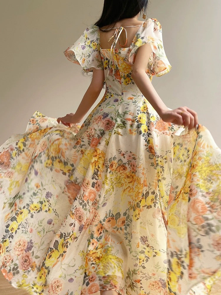 Aconiconi｜Monet Flower Summer French Printed Retro Vacation Tea Dress Slimming Waist and Swinging Dress