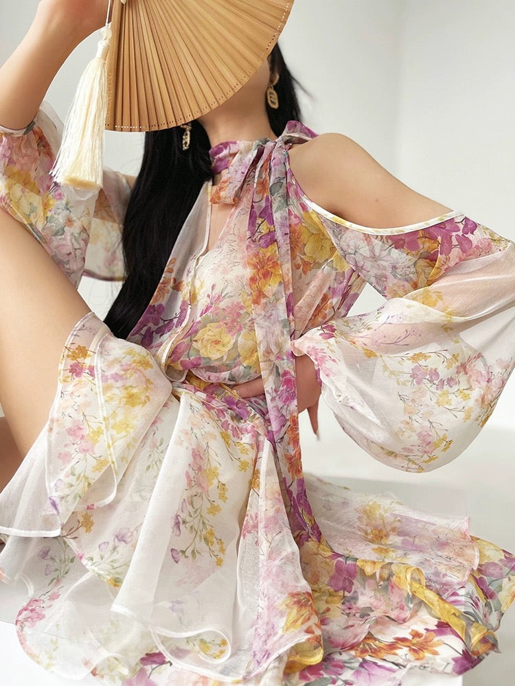 Aconiconi｜Wisteria Flower Mirror Exquisite and sweet printed V-neck dress vacation design fairy skirt