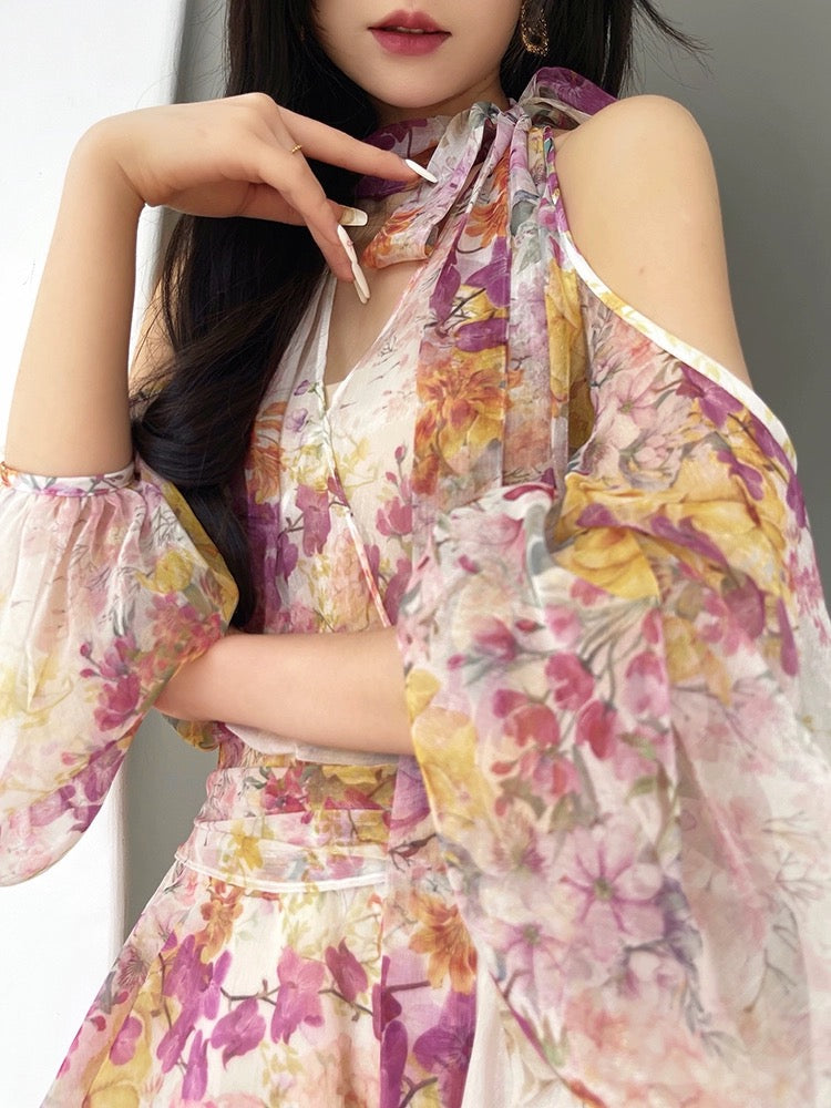 Aconiconi｜Wisteria Flower Mirror Exquisite and sweet printed V-neck dress vacation design fairy skirt