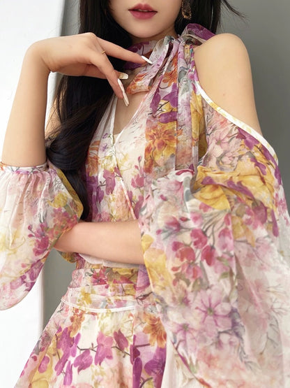 Aconiconi｜Wisteria Flower Mirror Exquisite and sweet printed V-neck dress vacation design fairy skirt