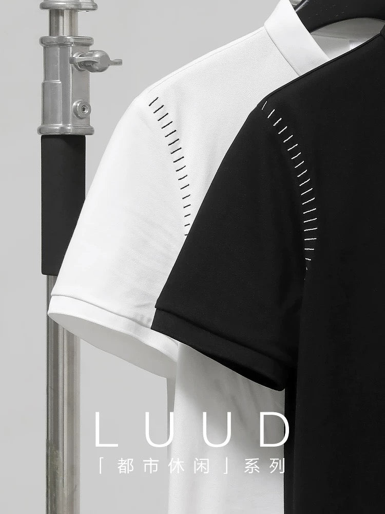 LUUD trendy brand light luxury high-end Polo shirt men's bright line design slim T-shirt button lapel Polo shirt