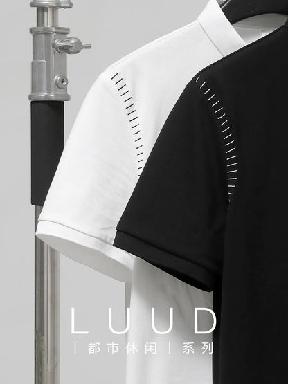 LUUD trendy brand light luxury high-end Polo shirt men's bright line design slim T-shirt button lapel Polo shirt