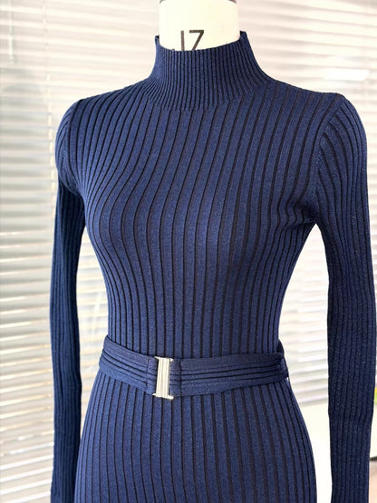 YUANZI "Blue Mist Crystal" – Blue fine-knit vertical-ribbed dress featuring subtle shimmer, a hip-hugging silhouette, and an included waist belt.