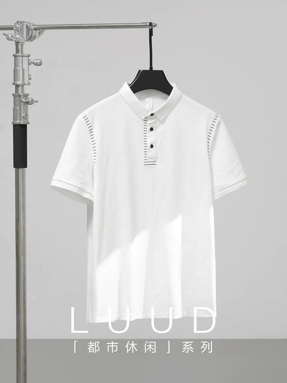 LUUD trendy brand light luxury high-end Polo shirt men's bright line design slim T-shirt button lapel Polo shirt
