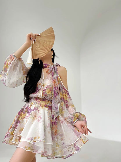 Aconiconi｜Wisteria Flower Mirror Exquisite and sweet printed V-neck dress vacation design fairy skirt