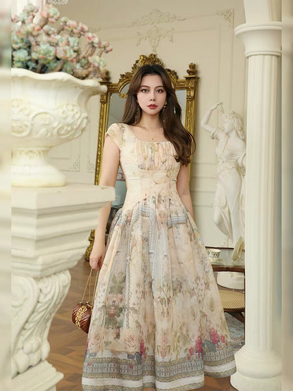 MR WATER French Retro Print Dress for Women, Summer Style, Slim Fit, Elegant Long Dress