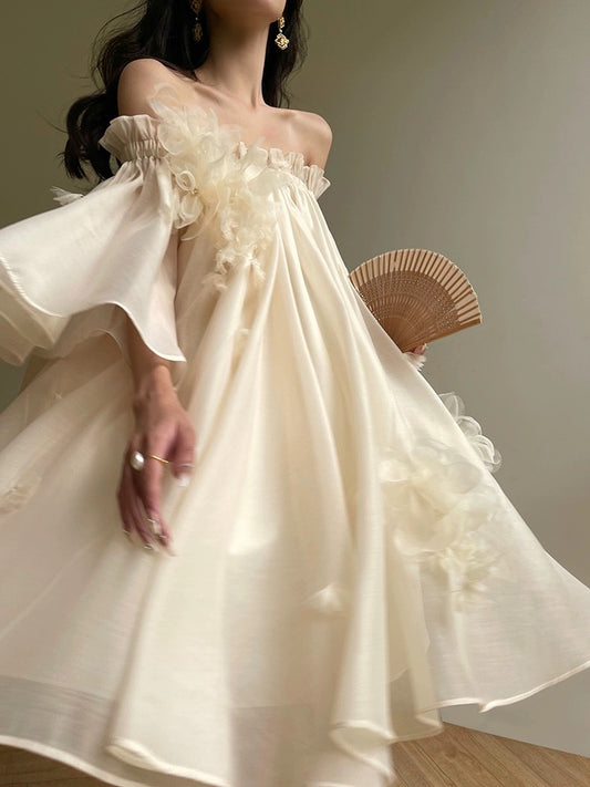 Aconiconi｜Magnolia Lotus Fragrance High-end Resort Style Dress One-shoulder Dressing Gown Bridesmaid Fairy Dress