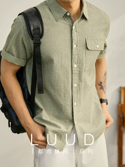 LUUD summer mint green casual shirt commuter striped flip pocket design top Japanese light mature workwear short sleeve