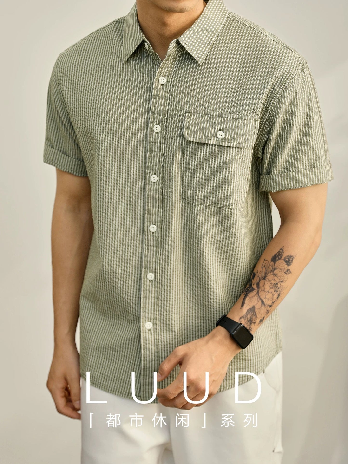 LUUD summer mint green casual shirt commuter striped flip pocket design top Japanese light mature workwear short sleeve