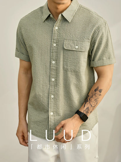 LUUD summer mint green casual shirt commuter striped flip pocket design top Japanese light mature workwear short sleeve