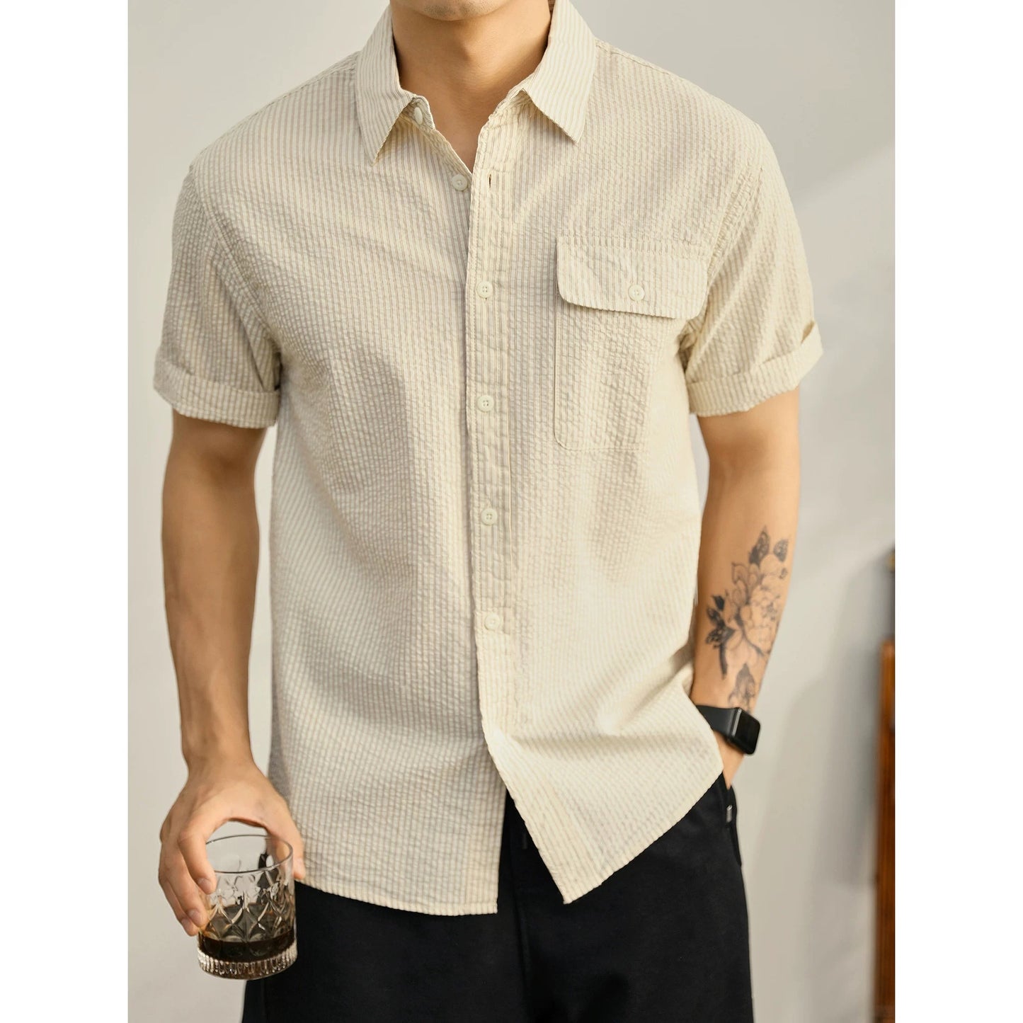 LUUD summer mint green casual shirt commuter striped flip pocket design top Japanese light mature workwear short sleeve