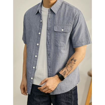 LUUD summer mint green casual shirt commuter striped flip pocket design top Japanese light mature workwear short sleeve
