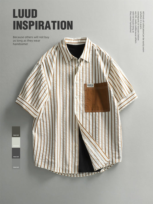 LUUD summer casual lapel short-sleeved shirt trendy casual American style handsome tops men's layered outer shirt