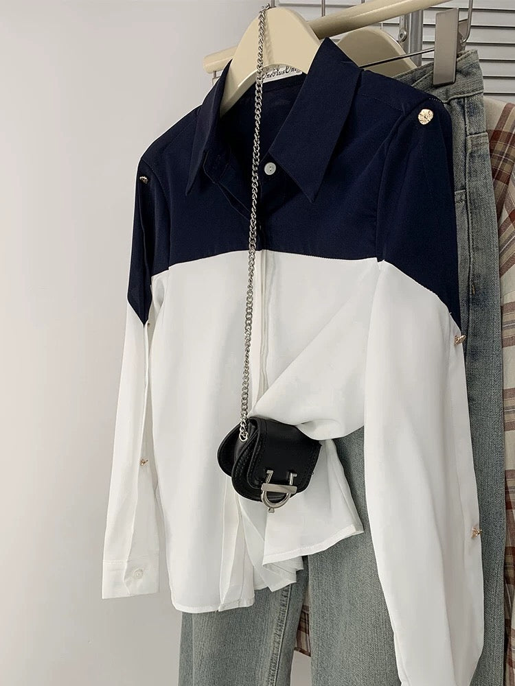 High-end contrast color POLO collar shirt for women French loose style chiffon long-sleeved top spring and autumn cardigan jacket