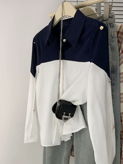 High-end contrast color POLO collar shirt for women French loose style chiffon long-sleeved top spring and autumn cardigan jacket