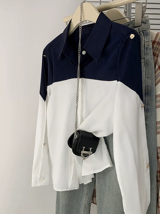 High-end contrast color POLO collar shirt for women French loose style chiffon long-sleeved top spring and autumn cardigan jacket